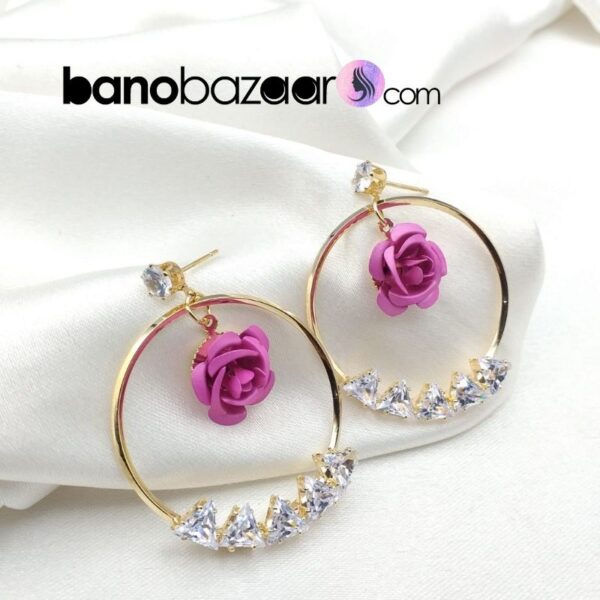 Single Line Diamond Bali Earrings with flower inside - Image 3