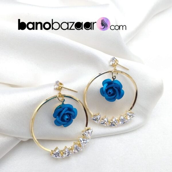 Single Line Diamond Bali Earrings with flower inside - Image 6