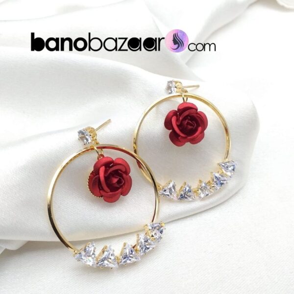 Single Line Diamond Bali Earrings with flower inside - Image 5
